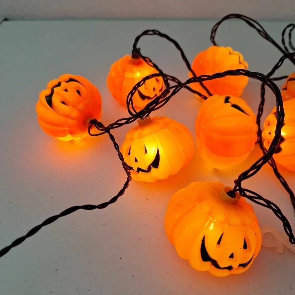 Vintage Pumpkin Blow Mold String Lights Jack-o-Lantern 10 Light Work