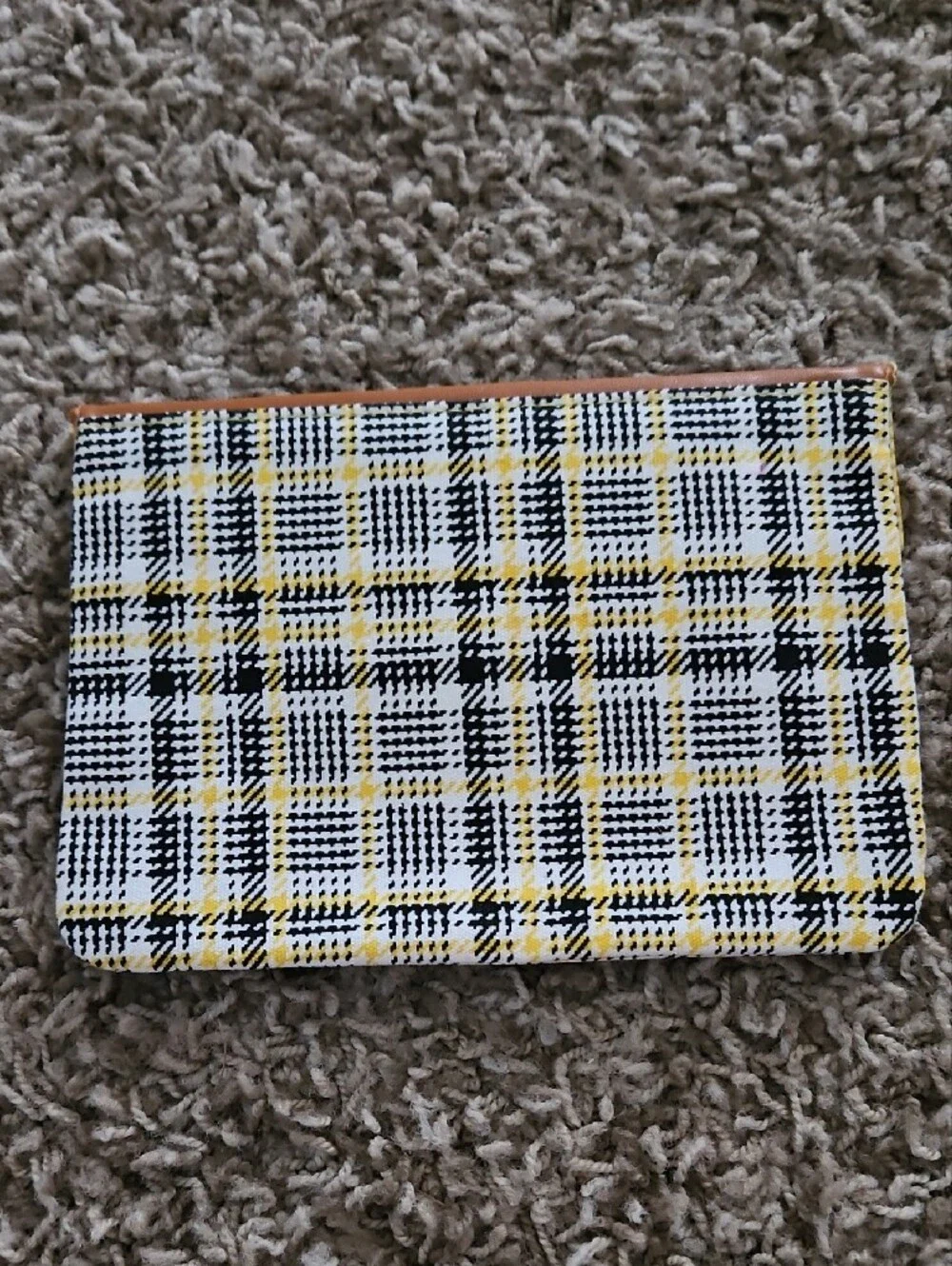 ipsy Plaid Cosmetic Pouch with Brown Faux Leather Flap