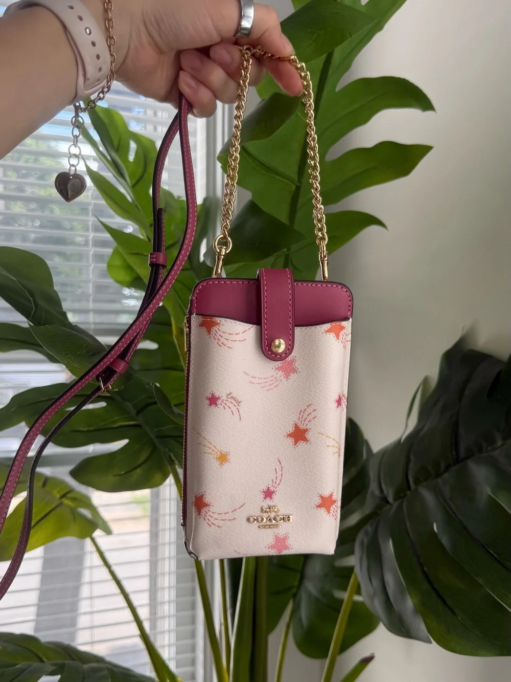 COACH Cream Star-Print Crossbody Phone Pouch with Pink Trim