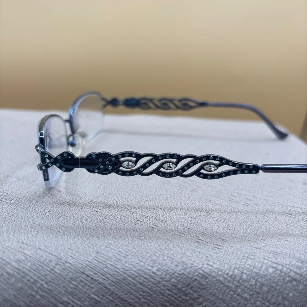 Black Semi Rimless Oval Eyeglasses Crystal Braided Temples 52-17-135 0228