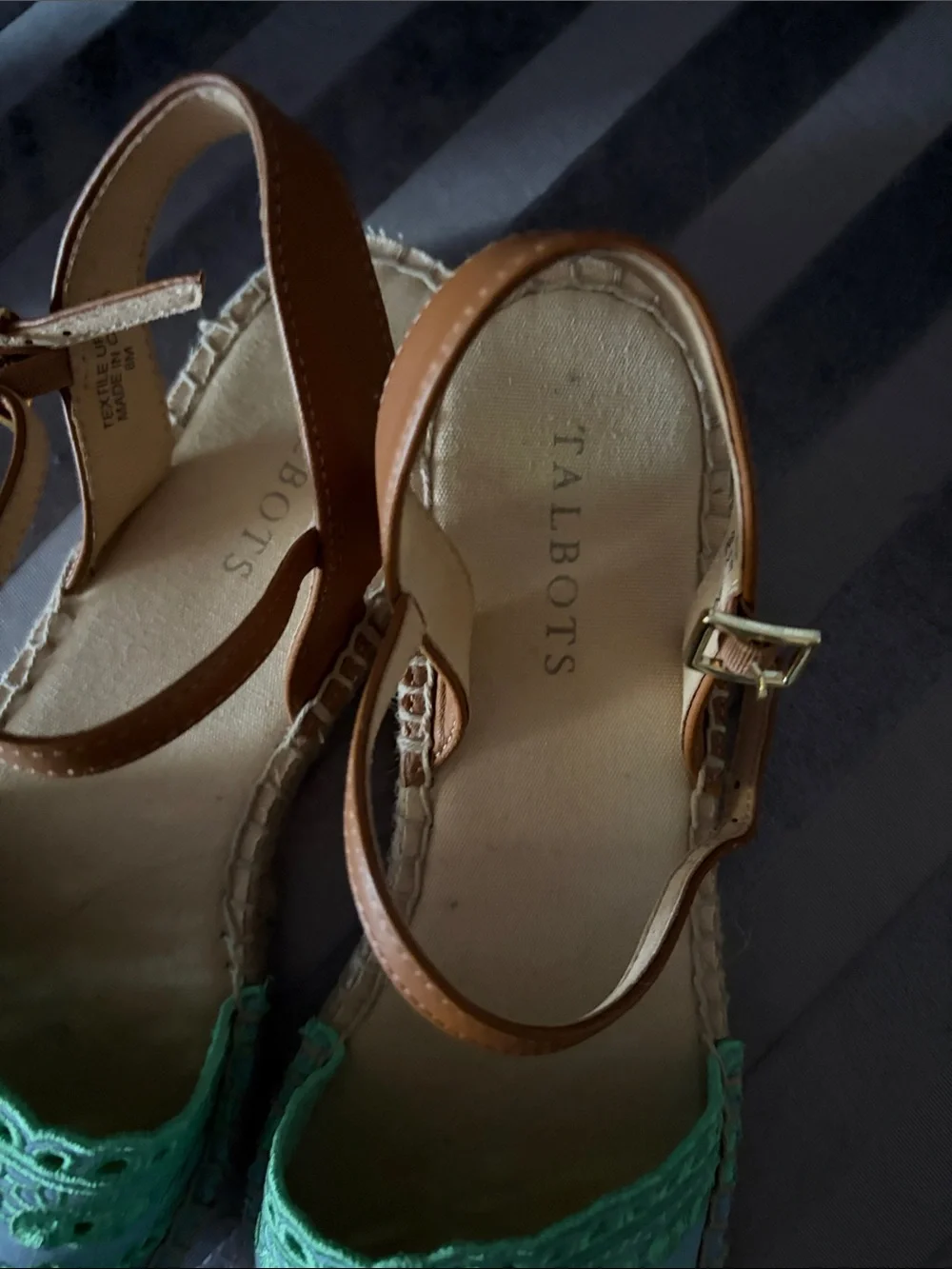 Talbots Blue Espadrille Sandals with Green Lace and Brown Ankle Straps
