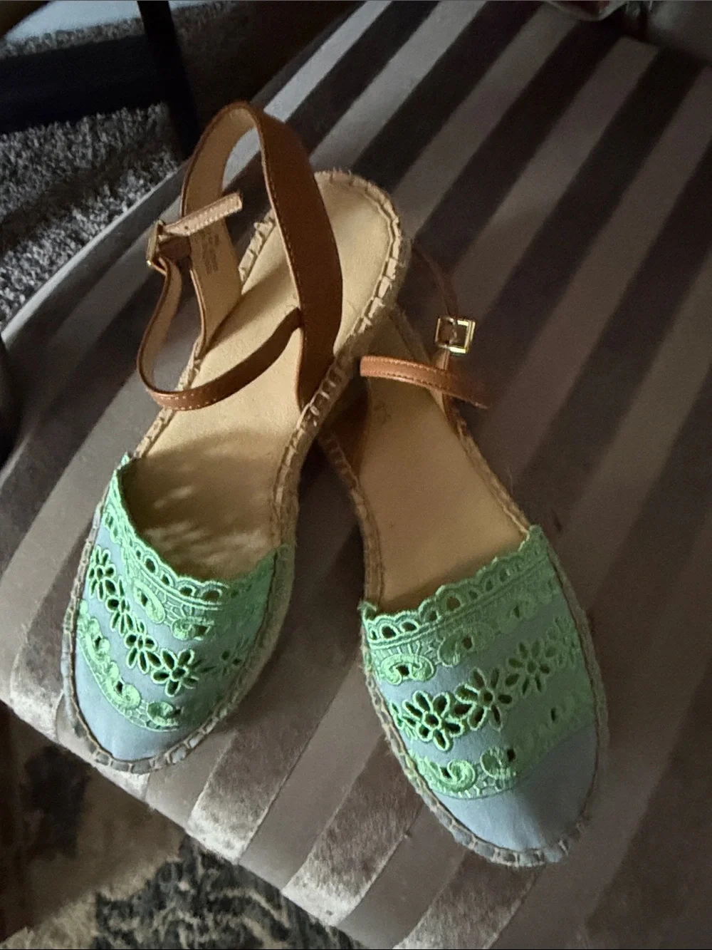 Talbots Blue Espadrille Sandals with Green Lace and Brown Ankle Straps