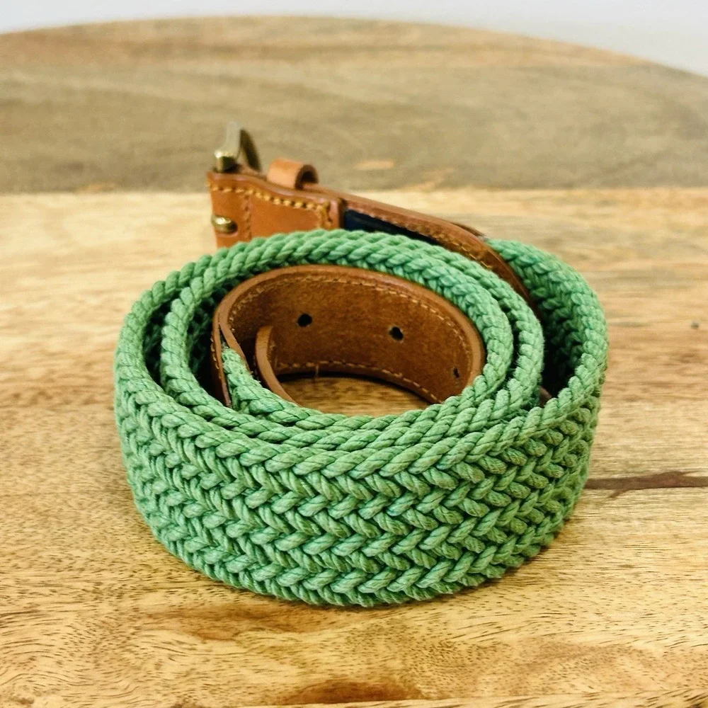 Brooks Brothers 346 Brown Leather Green Webbed Braided Belt Men's Size 36