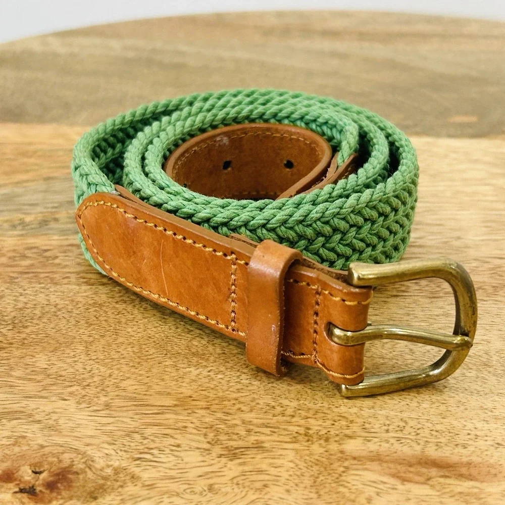 Brooks Brothers 346 Brown Leather Green Webbed Braided Belt Men's Size 36