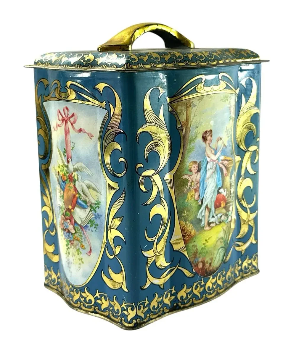 Vintage Ciftea Tea Tin Made in England Blue Gold Victorian Scenes Canister w/Lid