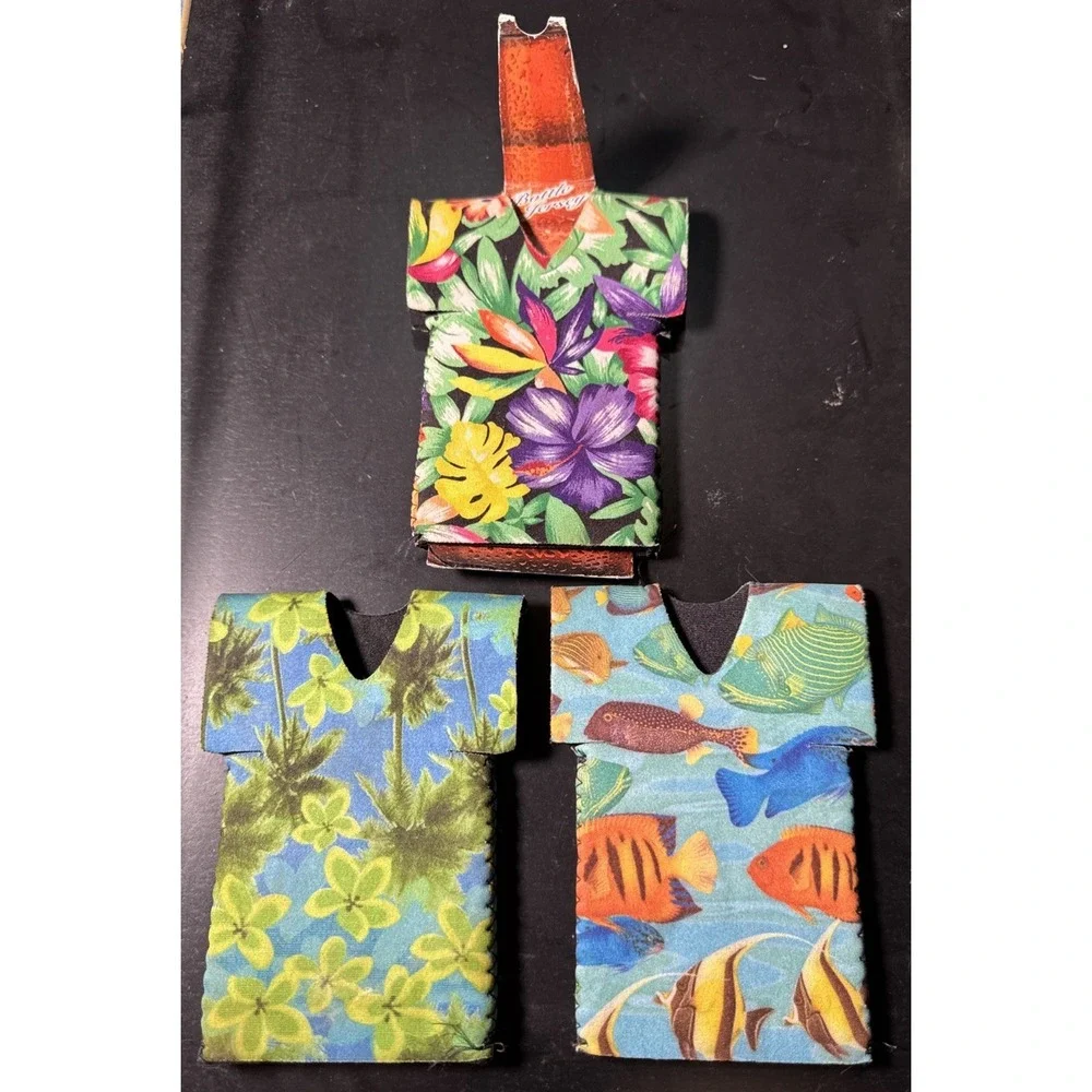 Lot of 3 New Tropical Neoprene Can Koozies Hawaiian Palm Tree Fish Floral