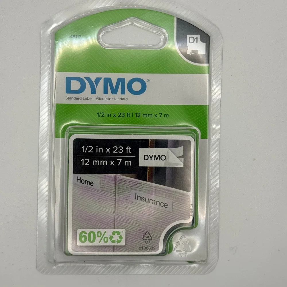 DYMO D1 Label‎ Tape 45113 Black on White 1/2 Inch x 23 Feet Standard Labeling