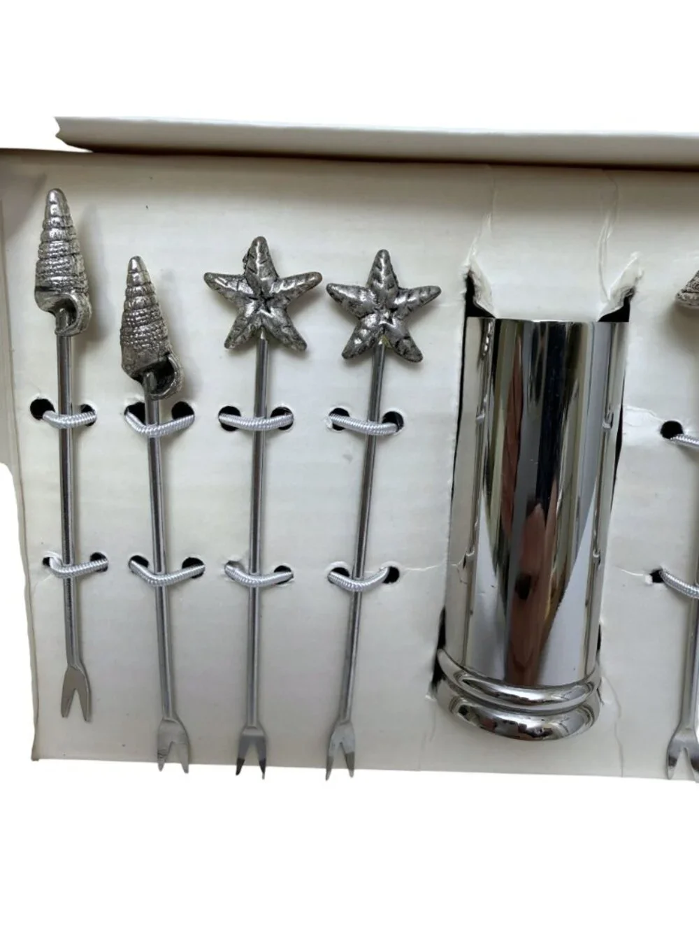PIER 1 Seashell Cocktail Picks Set 8 with Holder Metal Charcuterie Forks New