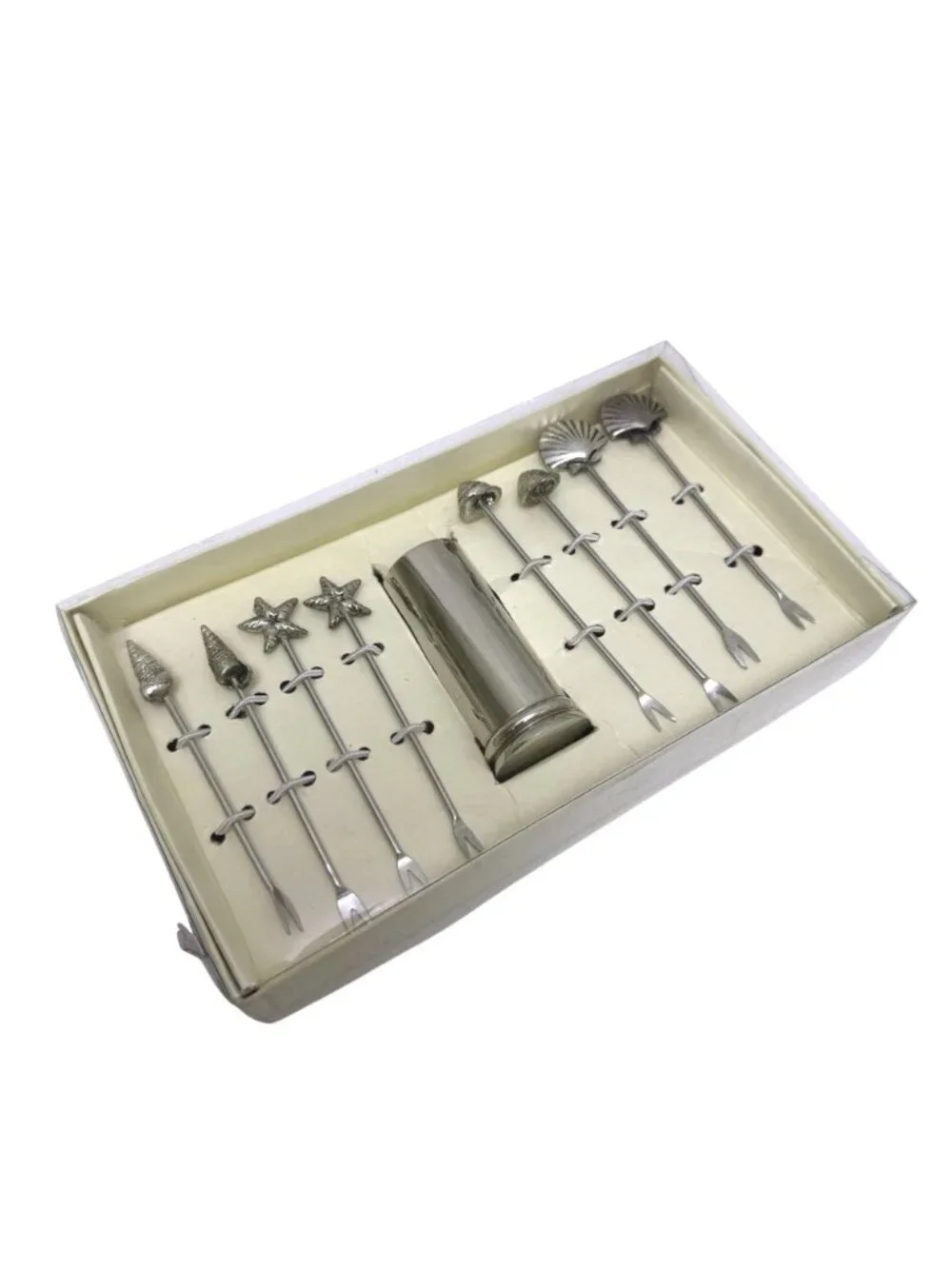 PIER 1 Seashell Cocktail Picks Set 8 with Holder Metal Charcuterie Forks New