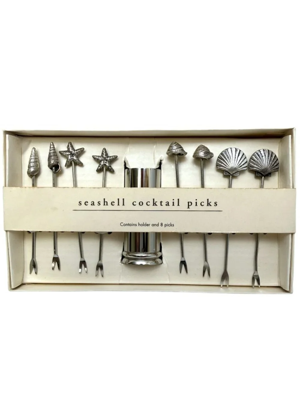 PIER 1 Seashell Cocktail Picks Set 8 with Holder Metal Charcuterie Forks New