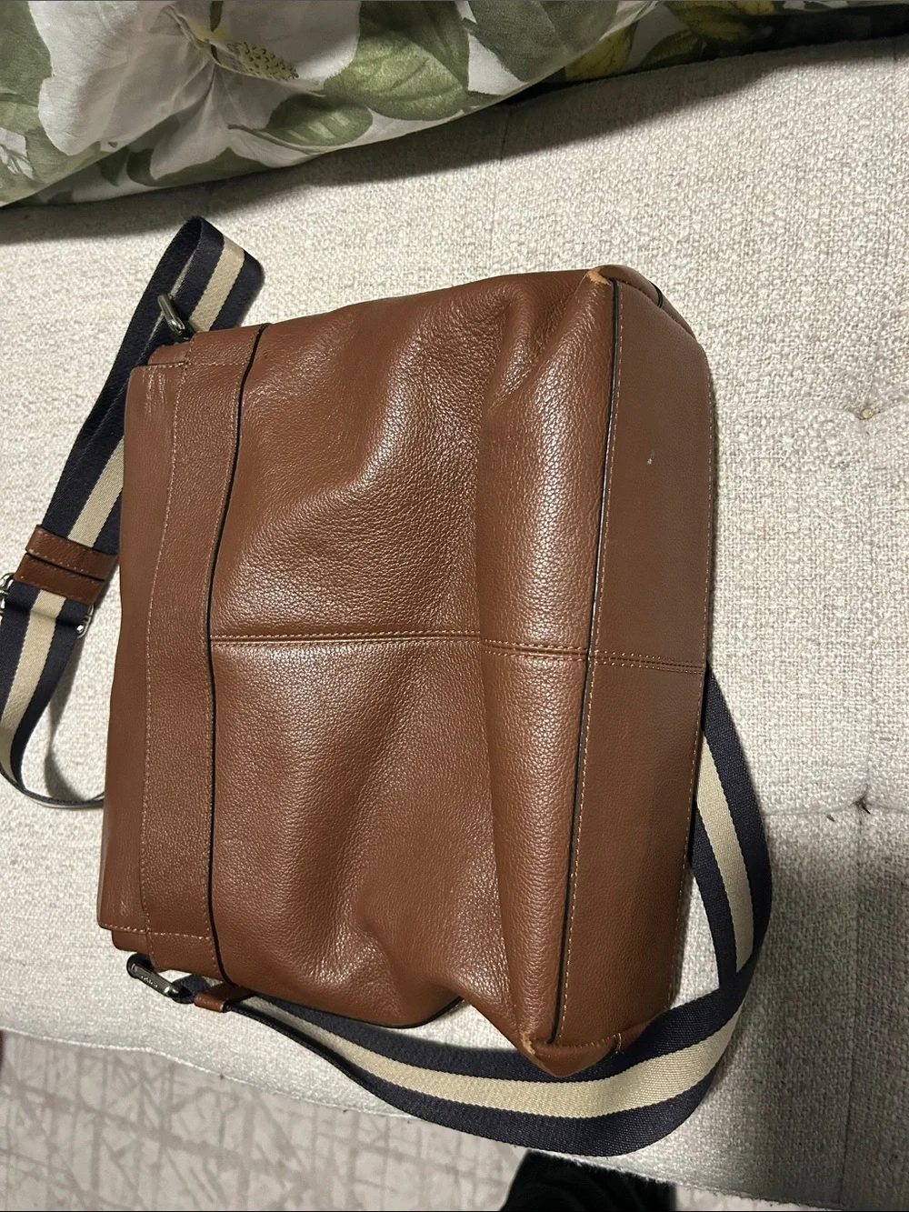 Coach Brown Leather Messenger Bag with Striped Strap