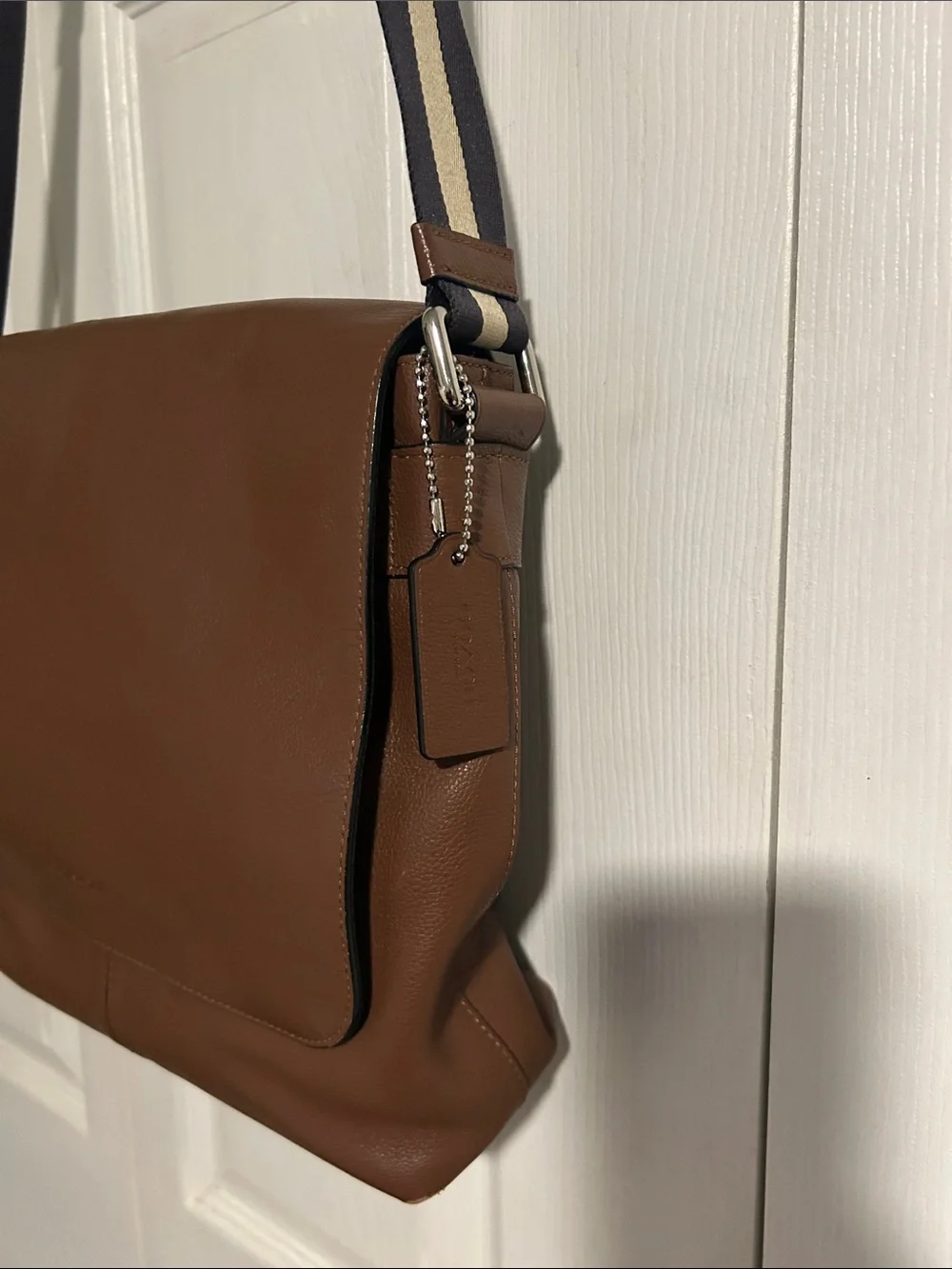 Coach Brown Leather Messenger Bag with Striped Strap