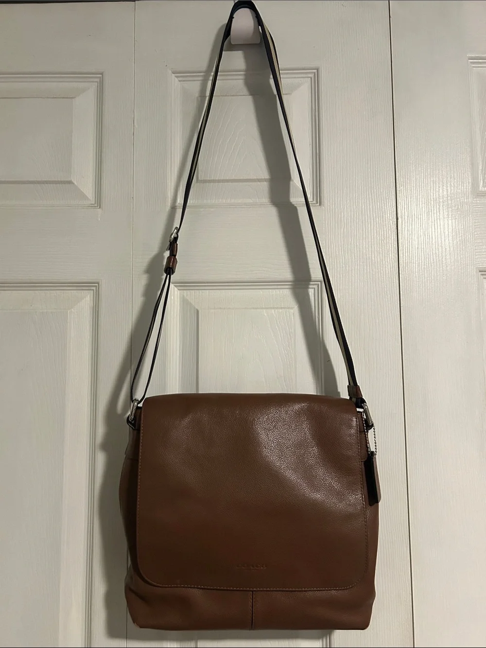 Coach Brown Leather Messenger Bag with Striped Strap