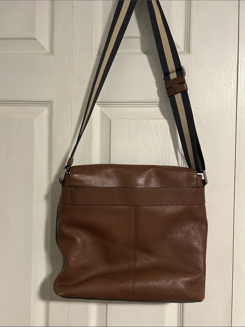 Coach Brown Leather Messenger Bag with Striped Strap