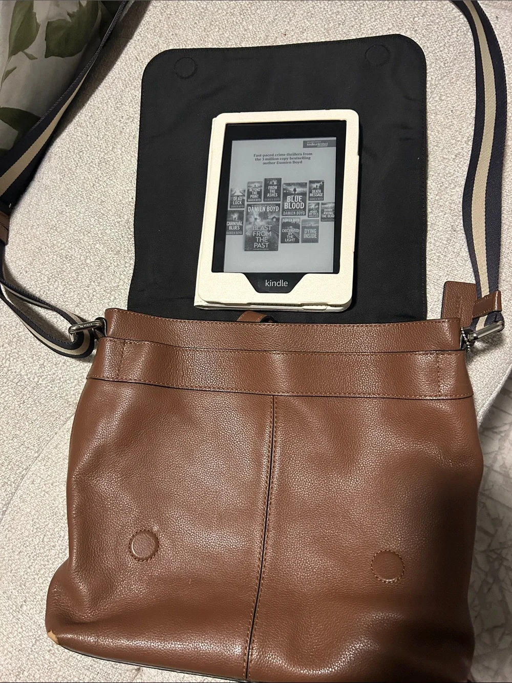 Coach Brown Leather Messenger Bag with Striped Strap