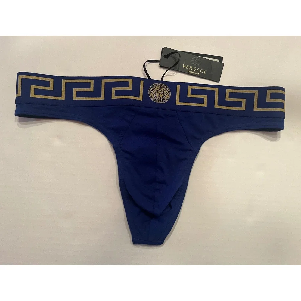 Versace Men's‎ Thong Briefs Underwear Blue with Gold Logo Size 7 or XL