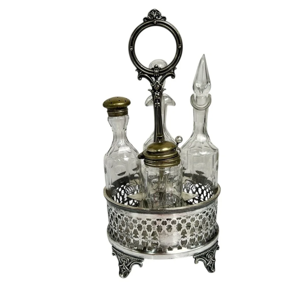 Victorian Cruet Set Silverplate Oil Vinegar Mustard w Spoon Antique 1800's‎