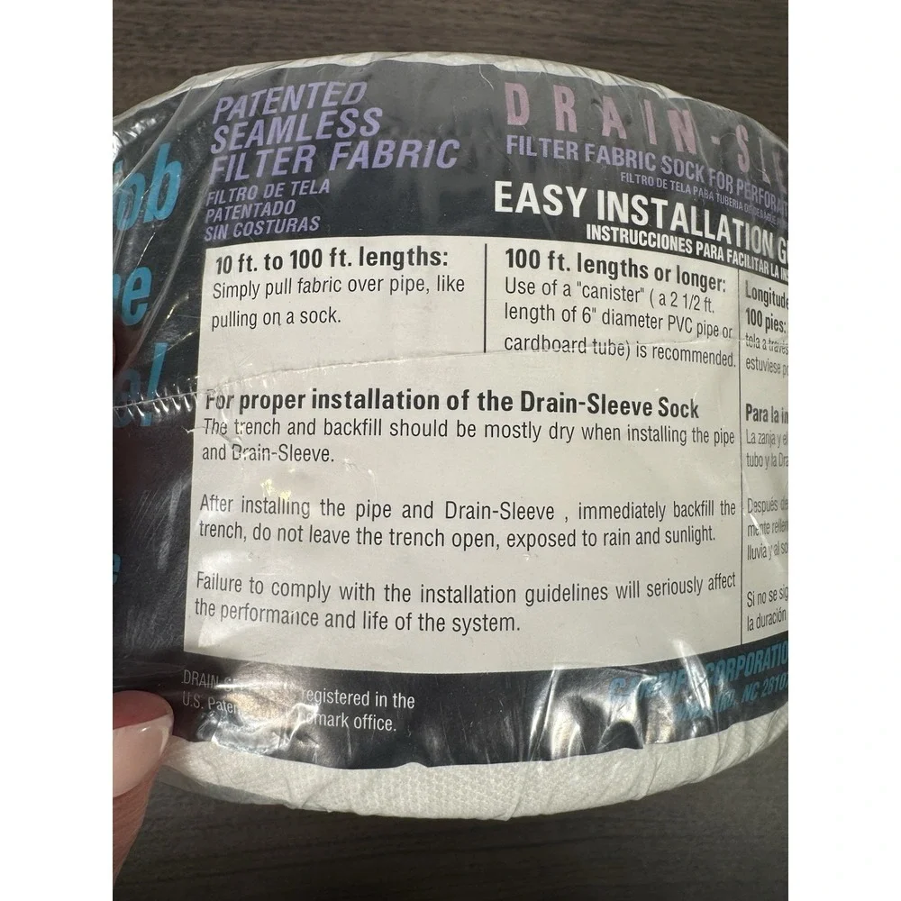 Drain sleeve‎ filter fabric sock for perforated drain pipe.  prevents clogging