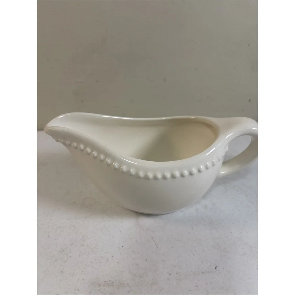 Pottery Barn Emma Gravy Boat Ivory‎ Cream Embossed Dot Edge EUC