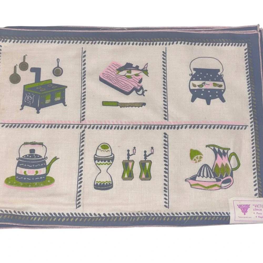 NEW | Vintage‎ Victory | Pure Linen | 4 Place Mats ONLY | MCM Kitchen Pink Green