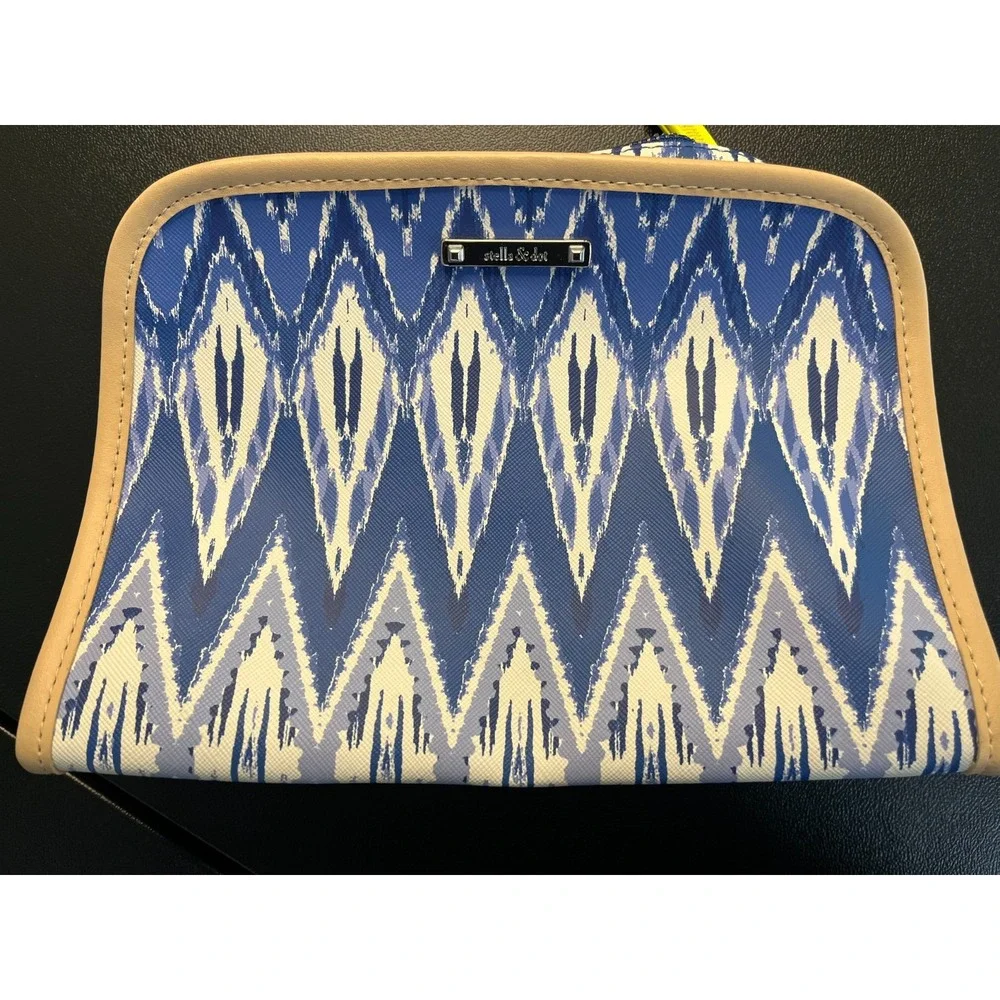 Stella & Dot Blue Ikat Makeup‎ Cord Pouch Travel Bag Yellow Zebra Lining