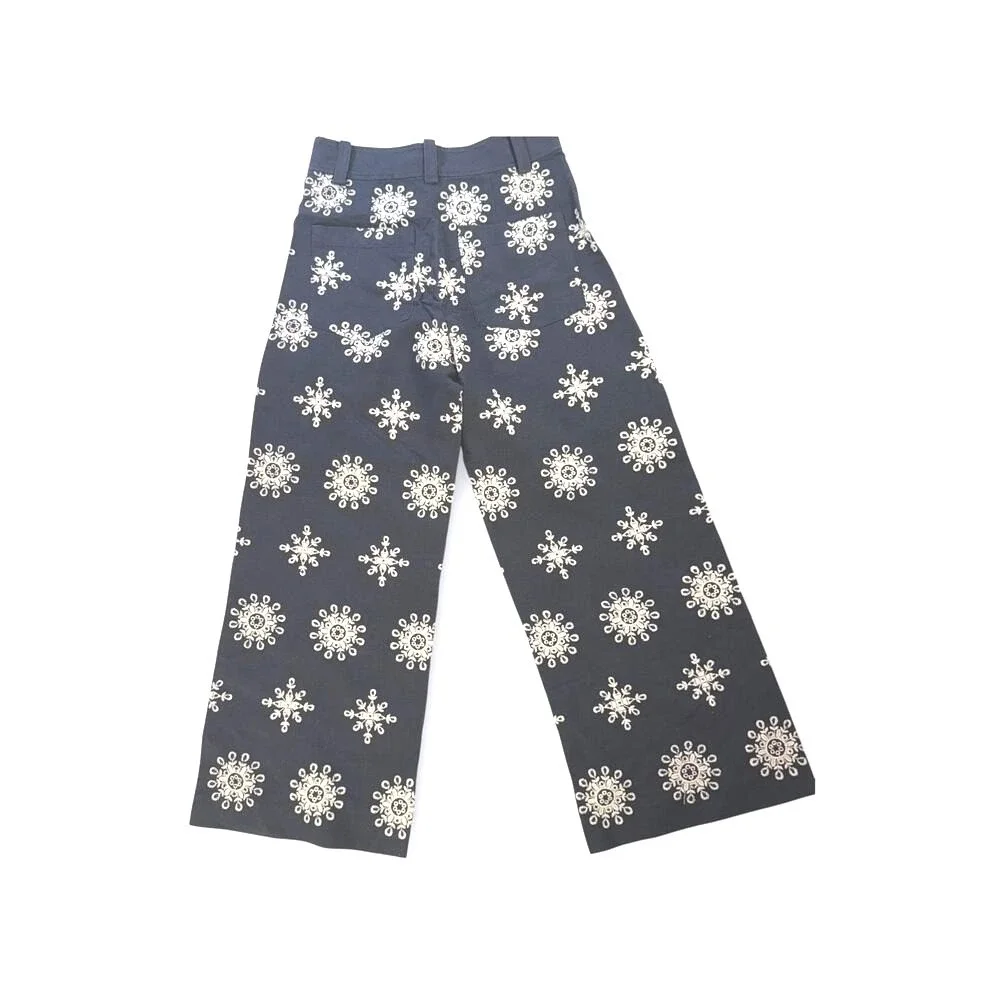 ZARA‎ WOMAN HIGH-WAIST WIDE-LEG EMBROIDERED CULOTTES PANT NAVY BLUE  S XS 28