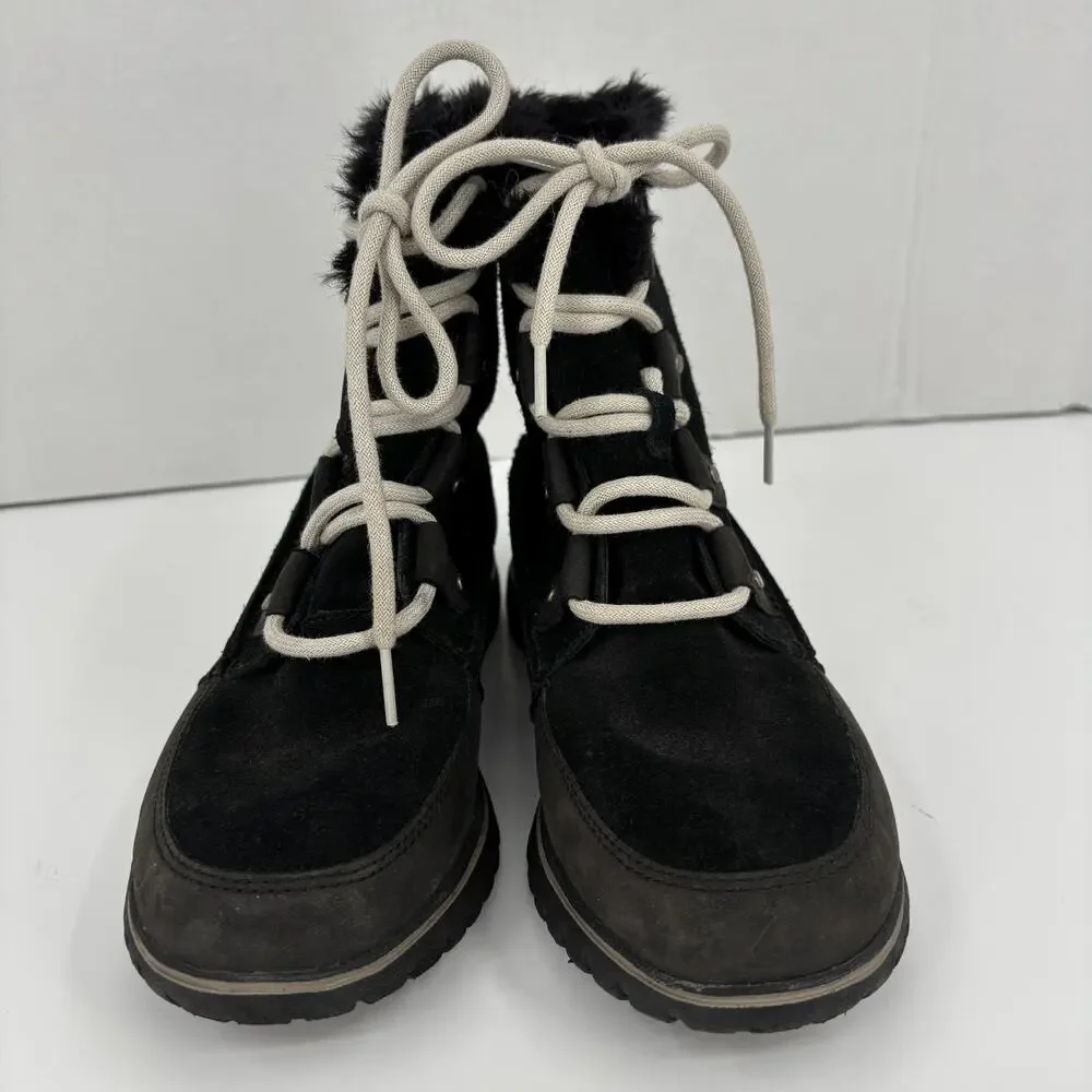 Sorel Cozy Joan Boots Size 7.5 Black Leather Nubuck Faux Fur Lace Up Waterproof