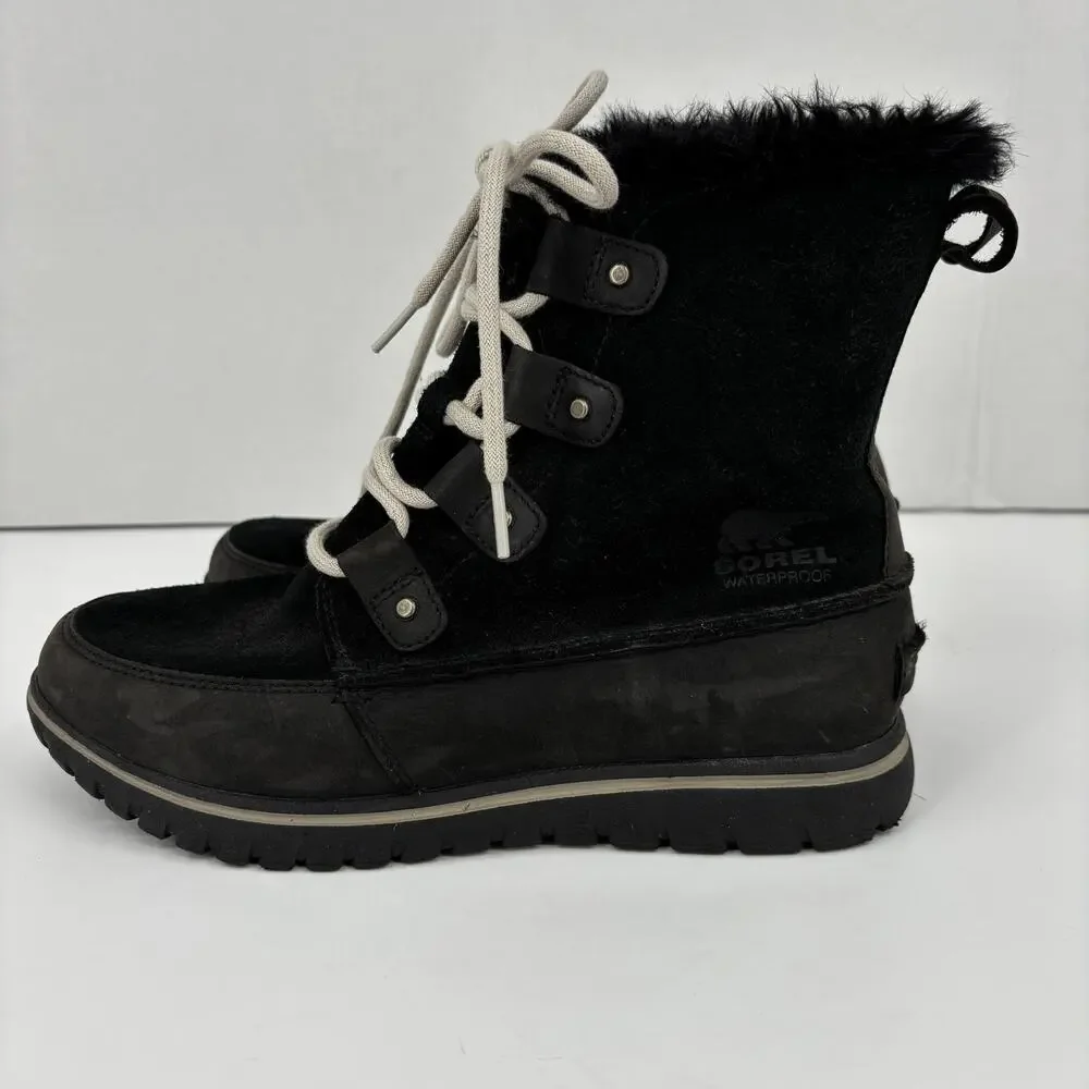 Sorel Cozy Joan Boots Size 7.5 Black Leather Nubuck Faux Fur Lace Up Waterproof