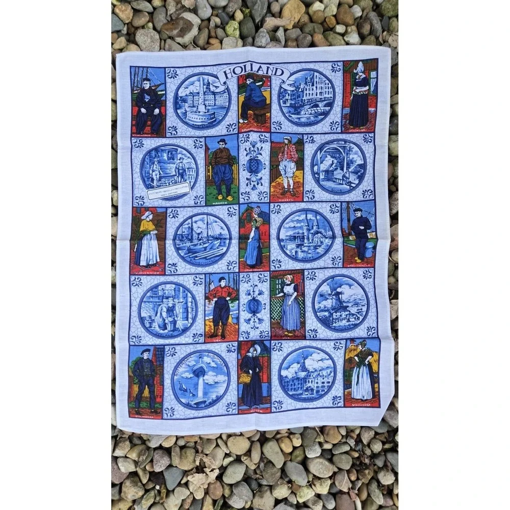 VTG Holland Souvenir Tea‎ Towel Dutch Scene Amsterdam Delft Netherlands Travel