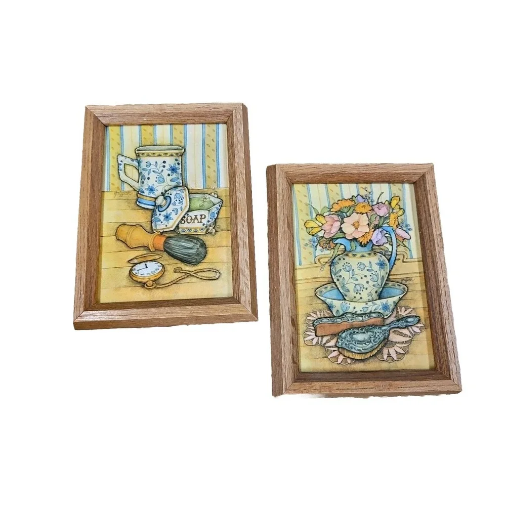 VTG 3D Bathroom‎ Art Padded Textile Applique Framed Fabric Dimensional Set Of 2