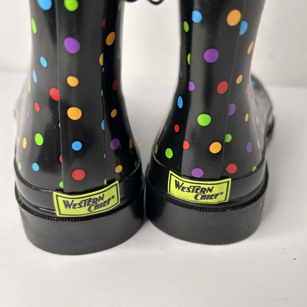 Western Chief Women 11 M Rain Boot Black Ditsy Polka Dot Pull On Shoe Waterproof