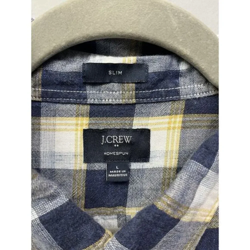 J Crew Shirt‎ Mens Large Homespun Slim Fit Blue Yellow Plaid Long Sleeve Cotton