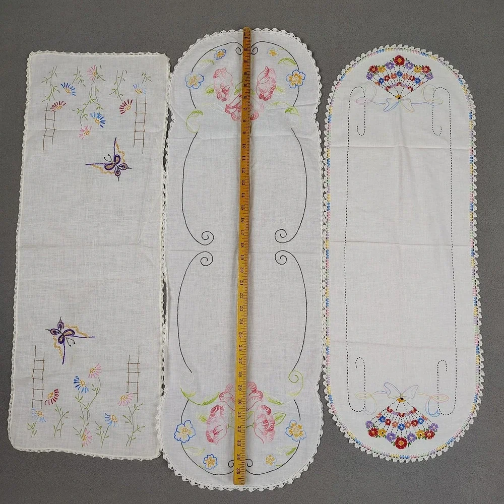 Vintage MCM Floral Table Runner Cloth Set (3) Various Small 36