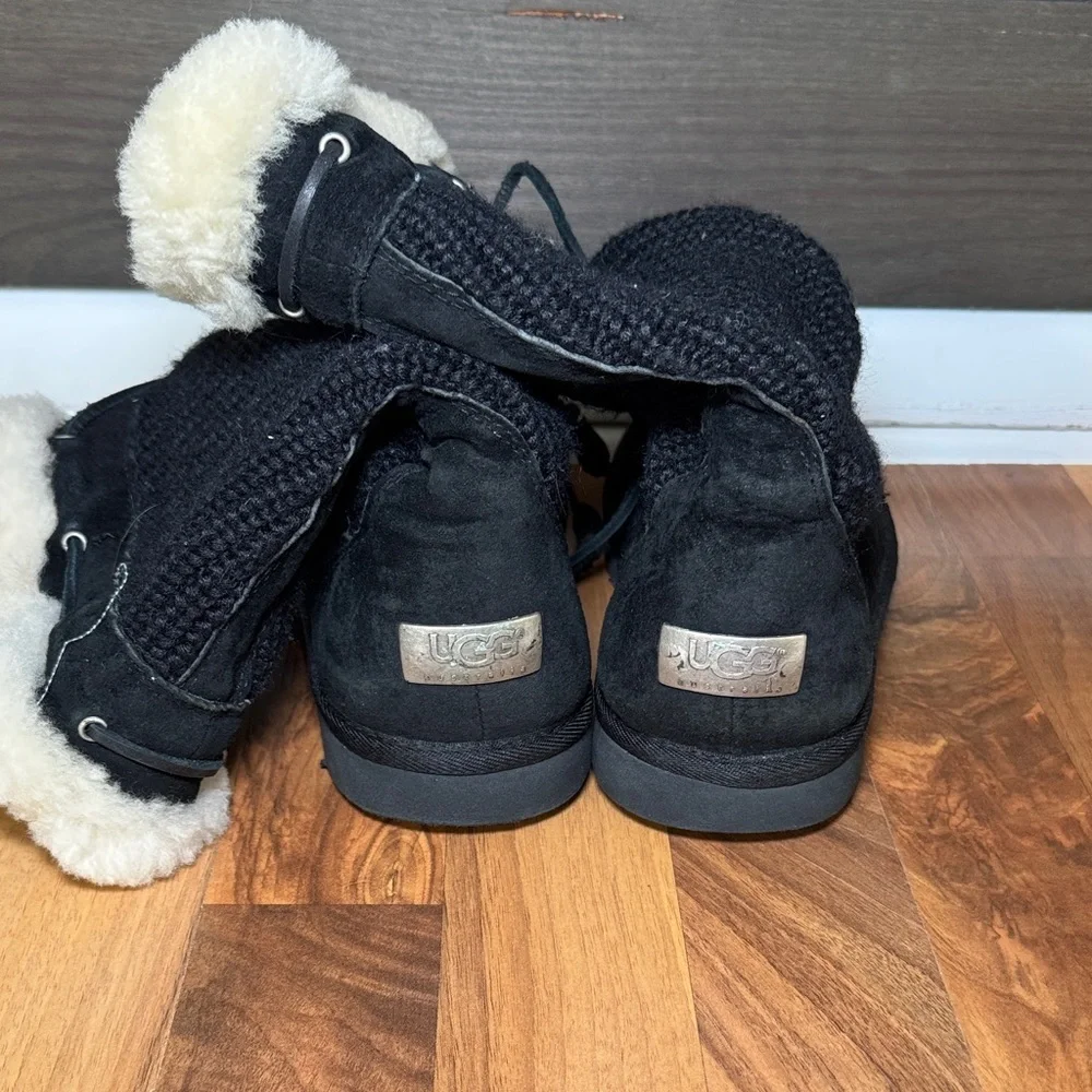 UGG Black Knit Suede Boots with Cream Fur Trim