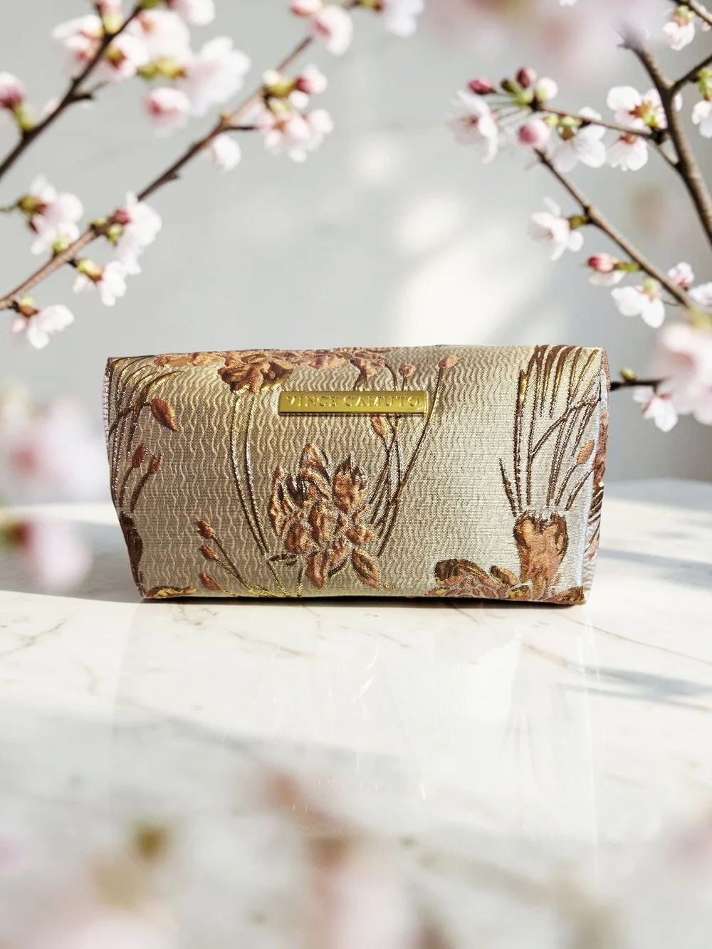 NEW Vince Camuto Lite Pink Floral Embroidered Pouch Cosmetic Bag 8