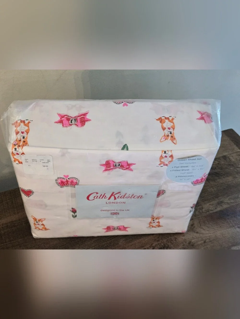 NWT! Cath Kidston Corgi Dogs Royal Ditsy Ruby Queen Size Sheet Set - 100% Cotton