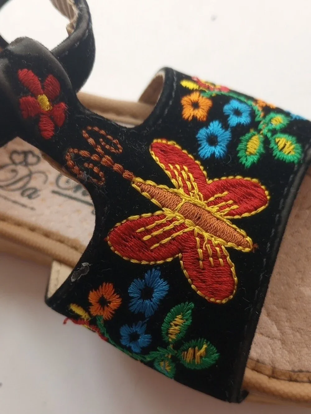 Made In Mexico Black Velvet Toddler Girl Embroidered Butterfly Flower Sandals 7