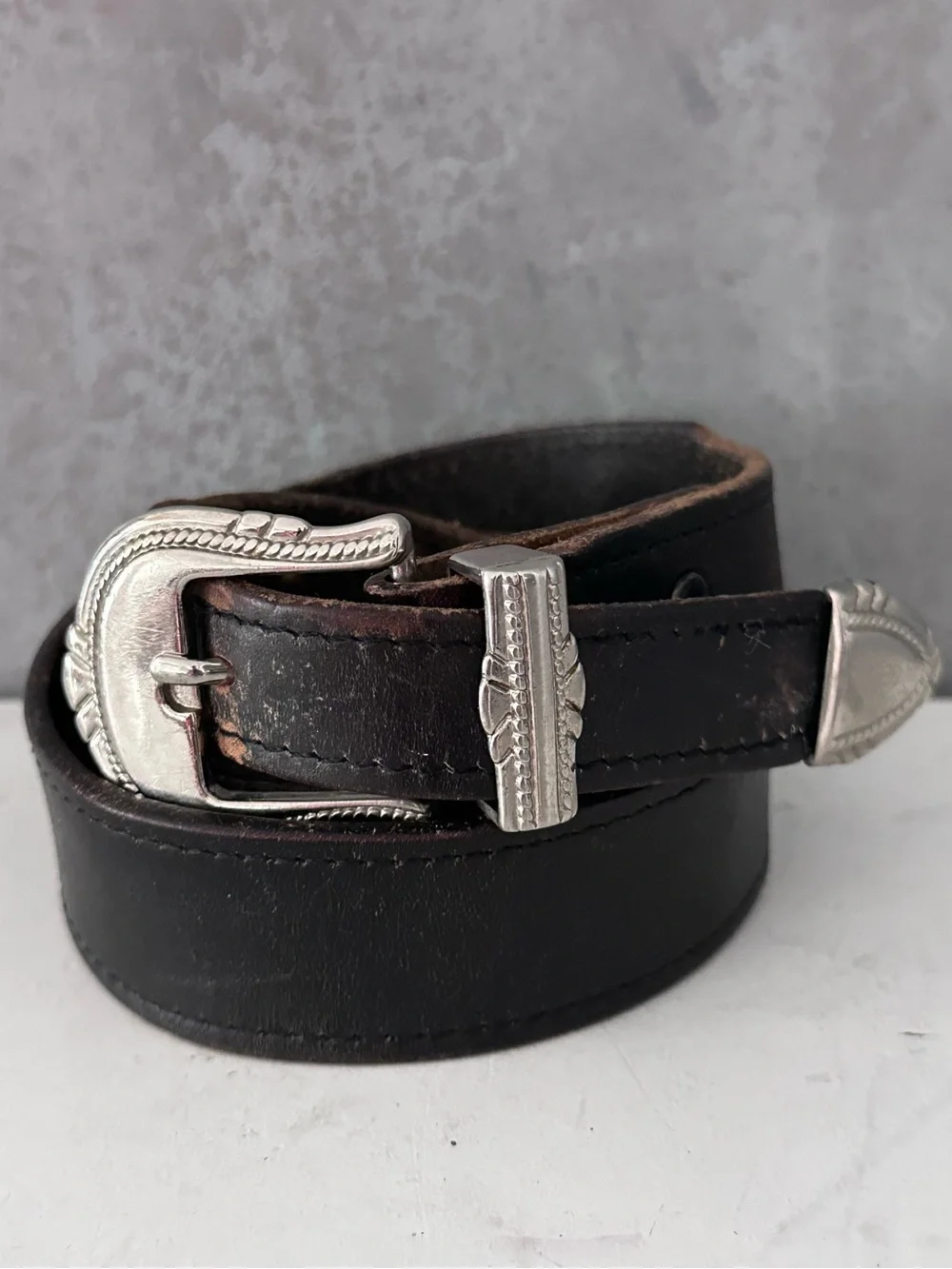 VTG Leather Belt Mens BLACK Silver Buckle Band Tip 36