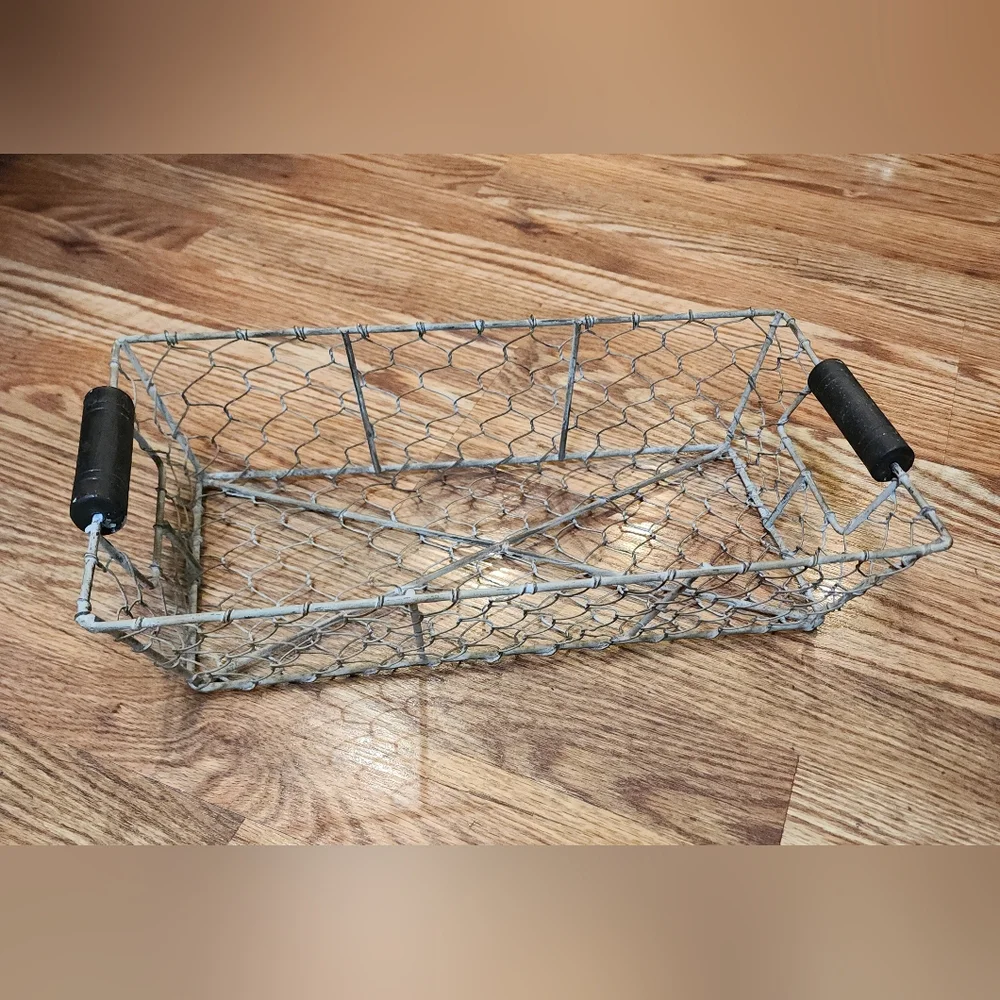 Vintage Chicken Wire Basket with Black Handles