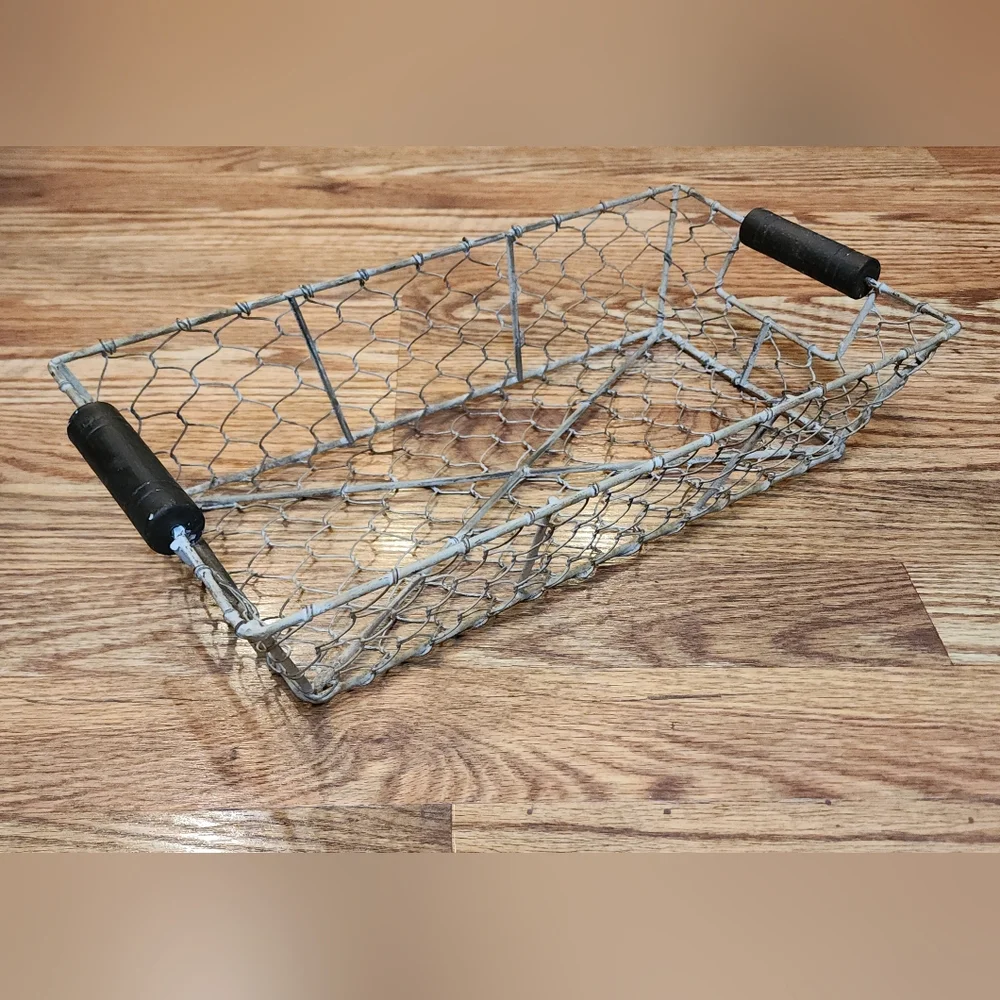 Vintage Chicken Wire Basket with Black Handles
