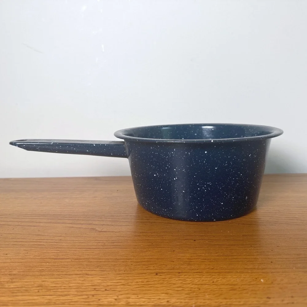 Vintage Blue‎ Speckled Enamelware Saucepan Graniteware Pot with Handle