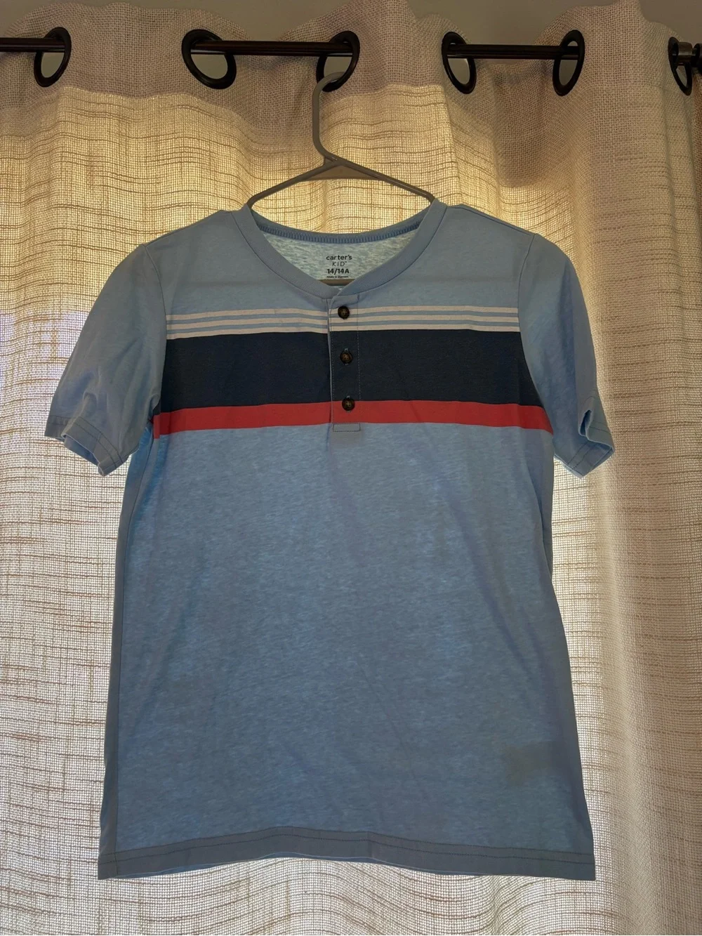 Carter's Light Blue Short Sleeve Henley with Navy and Red Stripes