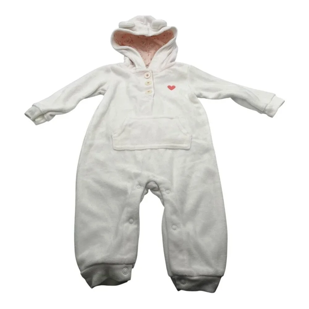 Carter’s Baby Hooded Fleece One Piece 9M Heart & Button Detail White Pink Floral