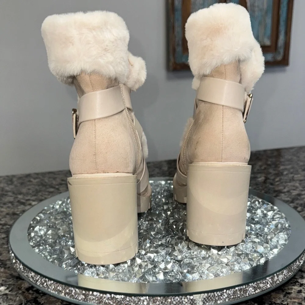 INC International Concepts Cream Faux Fur Lug Heel Winter Boots