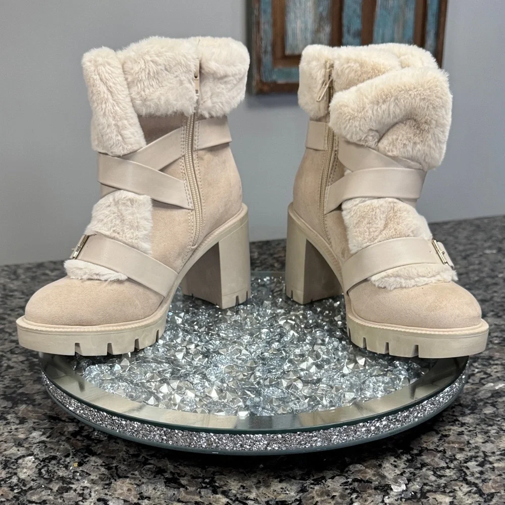 INC International Concepts Cream Faux Fur Lug Heel Winter Boots