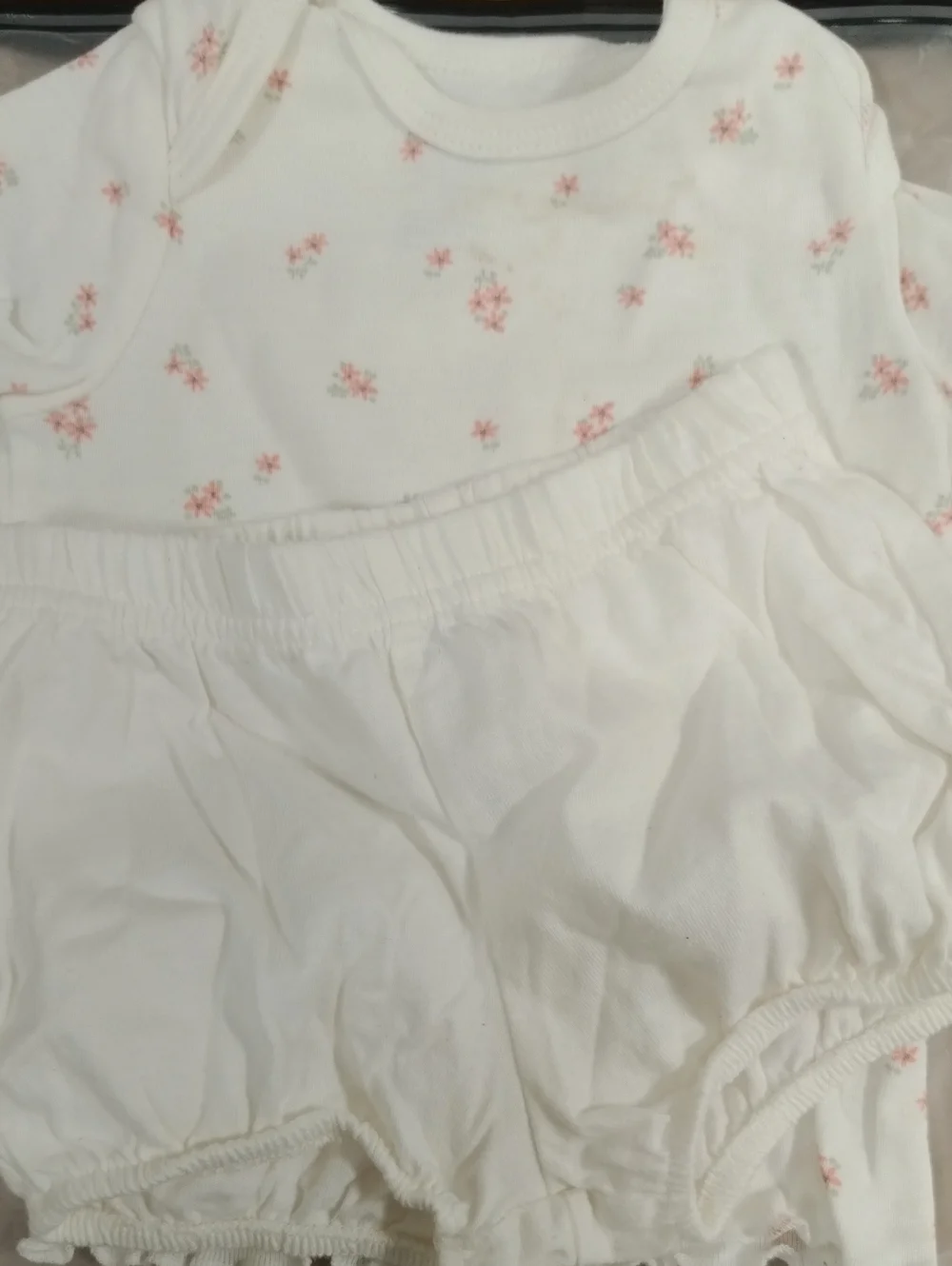 White Baby Floral Bodysuit & Bloomers Set. Bundle of 4 Pcs