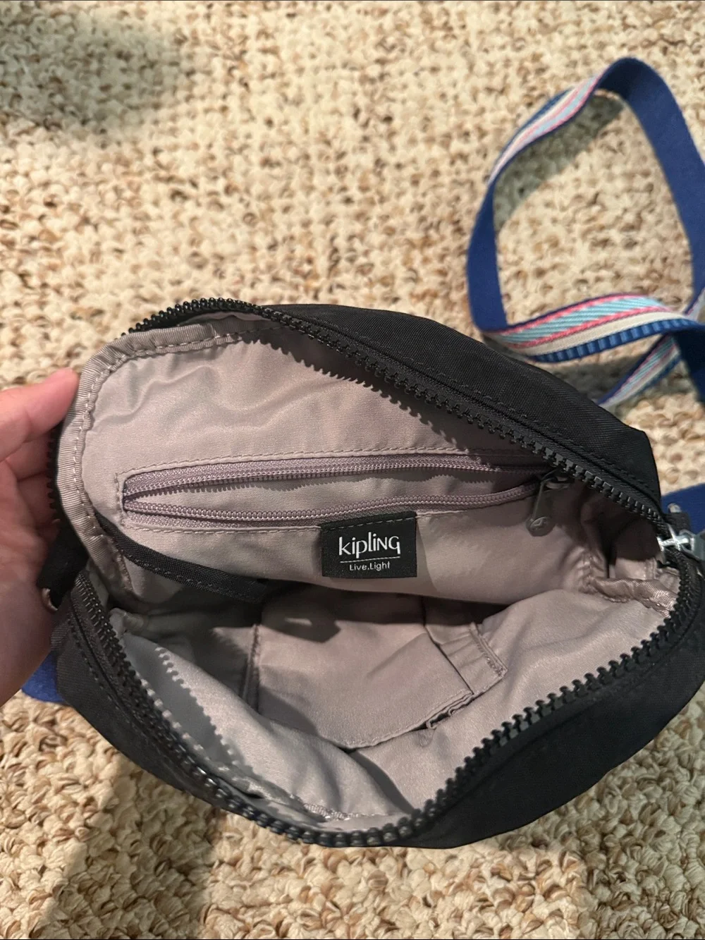 Black Crossbody Shoulder Bag with Blue Striped Strap