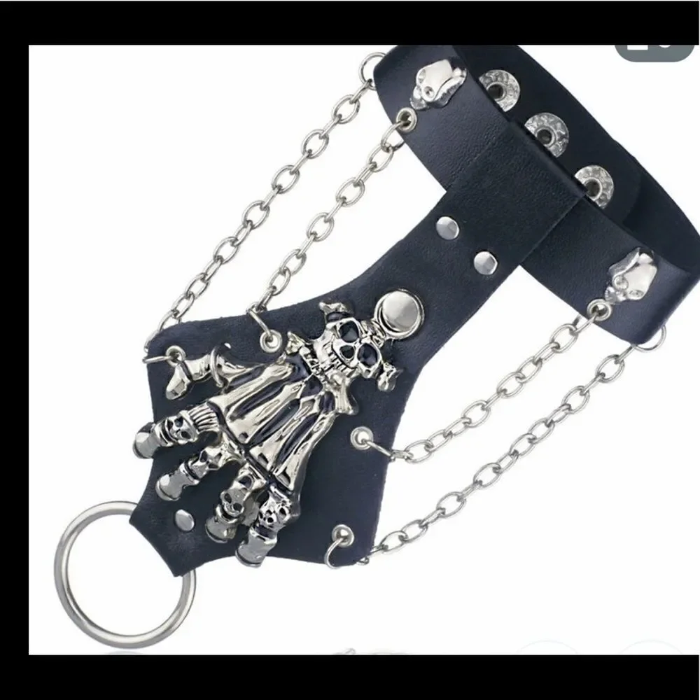 Unisex skeleton skull hand glove chain link leather with finger hold .