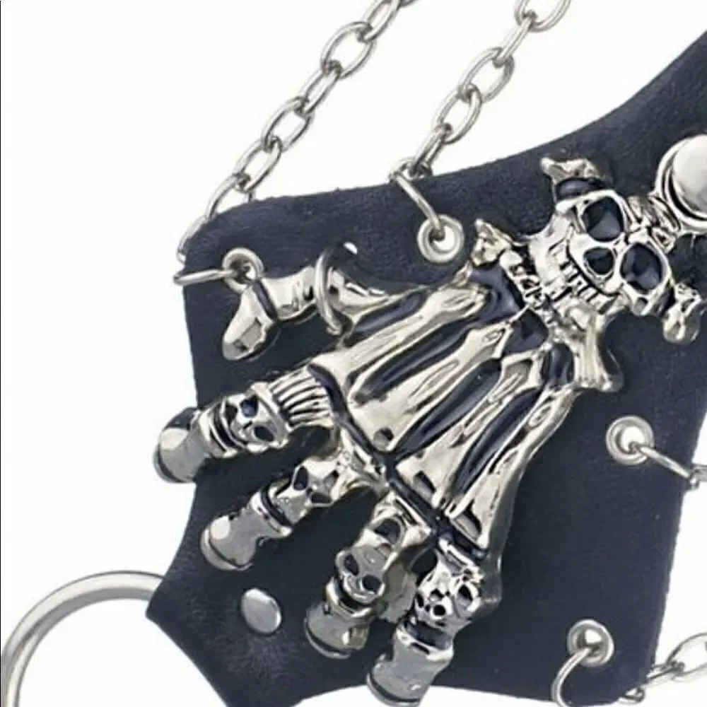 Unisex skeleton skull hand glove chain link leather with finger hold .