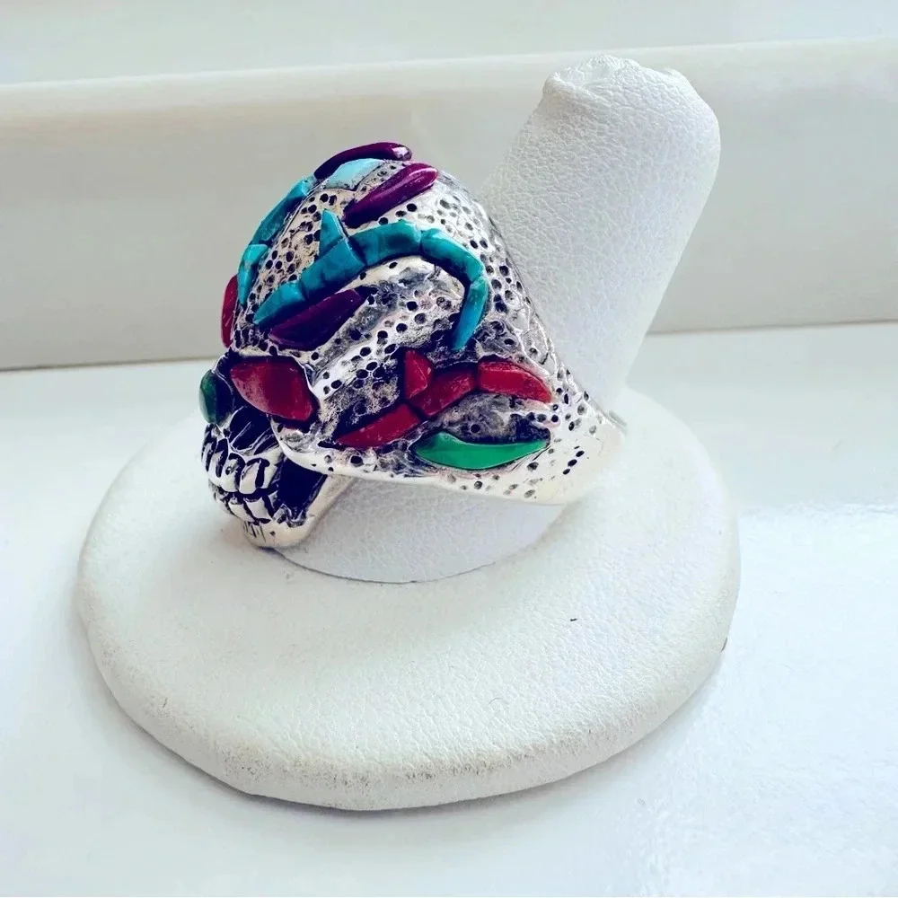 Handmade Sterling Silver & Multi Stone Inlay Skull/Biker/Rocker Ring Size 9.5